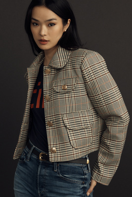 Avec Les Filles Cropped Plaid Lady Jacket In Multicolor