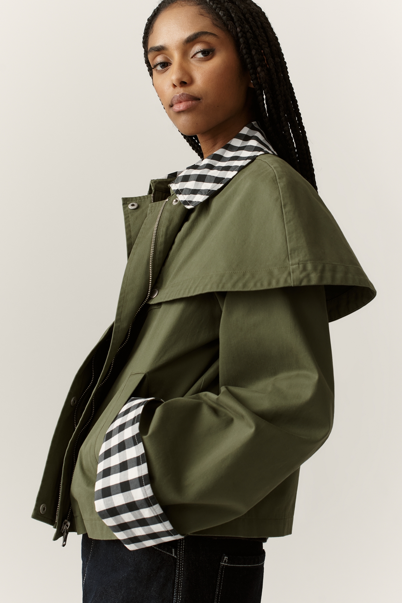 Avec Les Filles Gingham Trim Cape Jacket