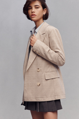 Avec Les Filles Double-Breasted Knit Plaid Blazer