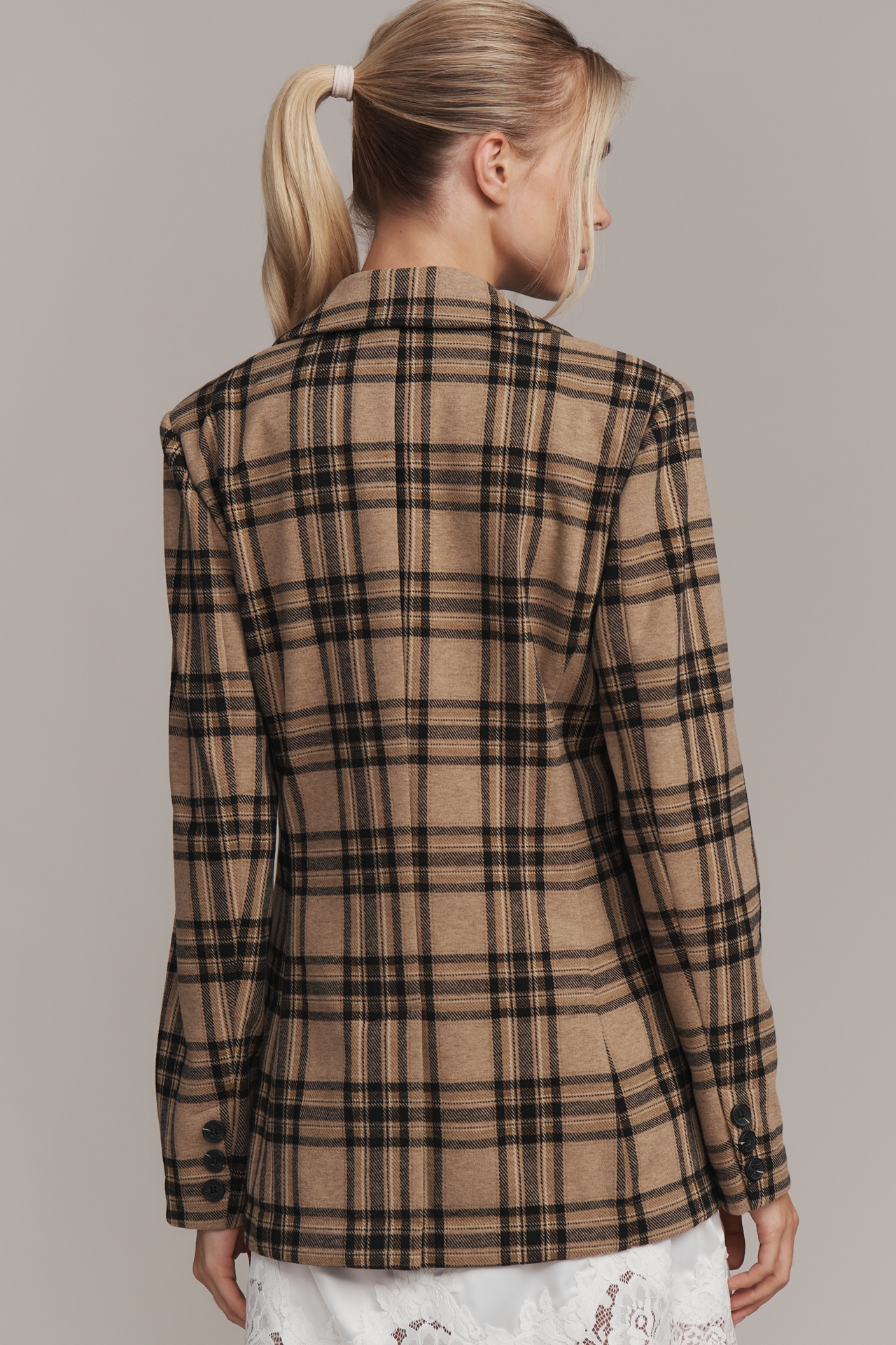 Avec Les Filles Double-Breasted Knit Plaid Blazer