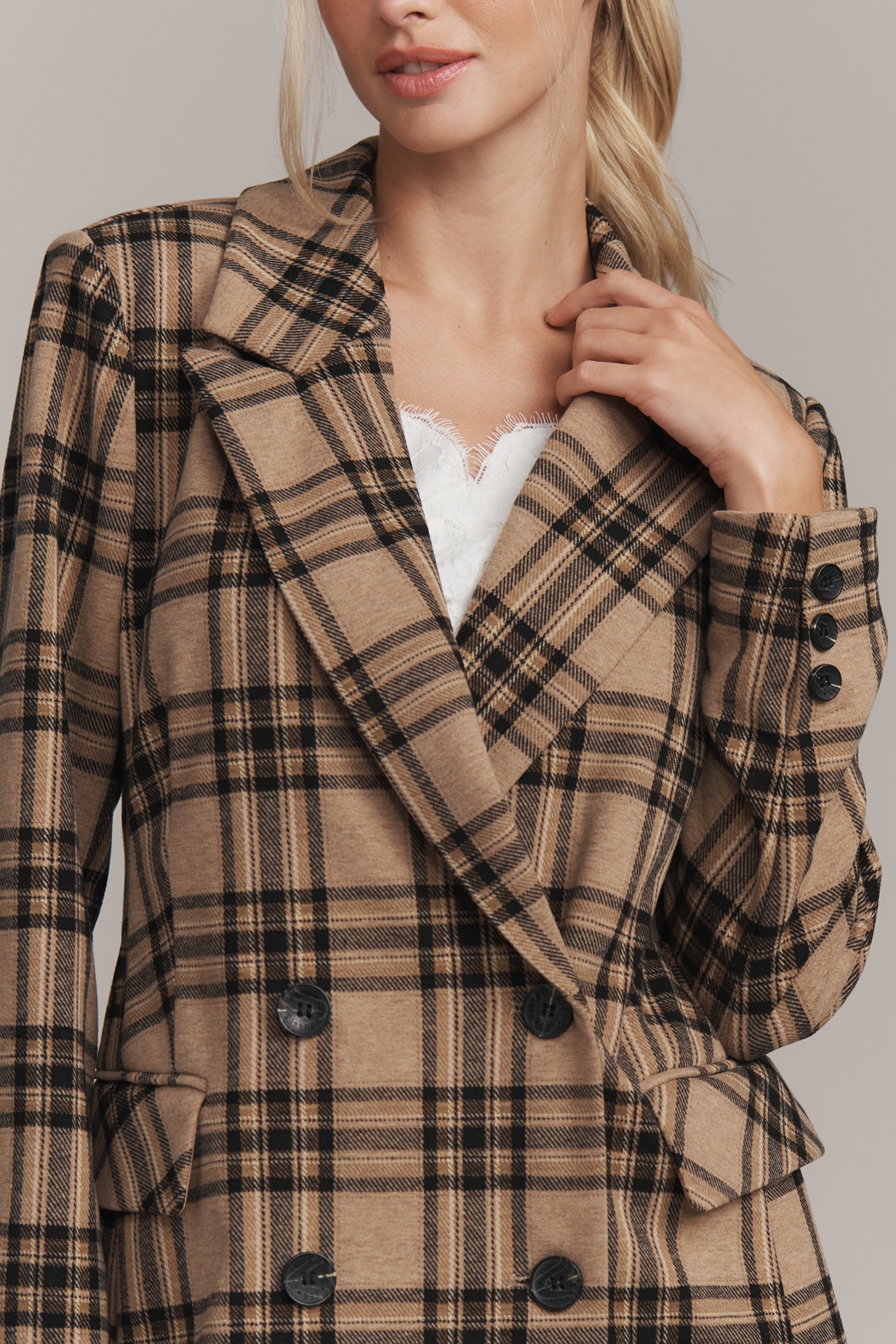 Avec Les Filles Double-Breasted Knit Plaid Blazer