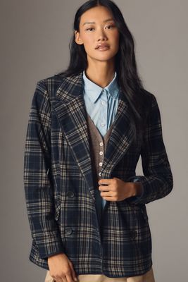 Avec Les Filles Double-Breasted Knit Plaid Blazer