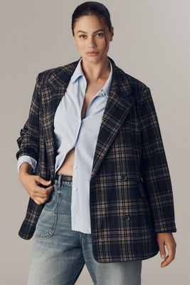 Avec Les Filles Double-Breasted Knit Plaid Blazer