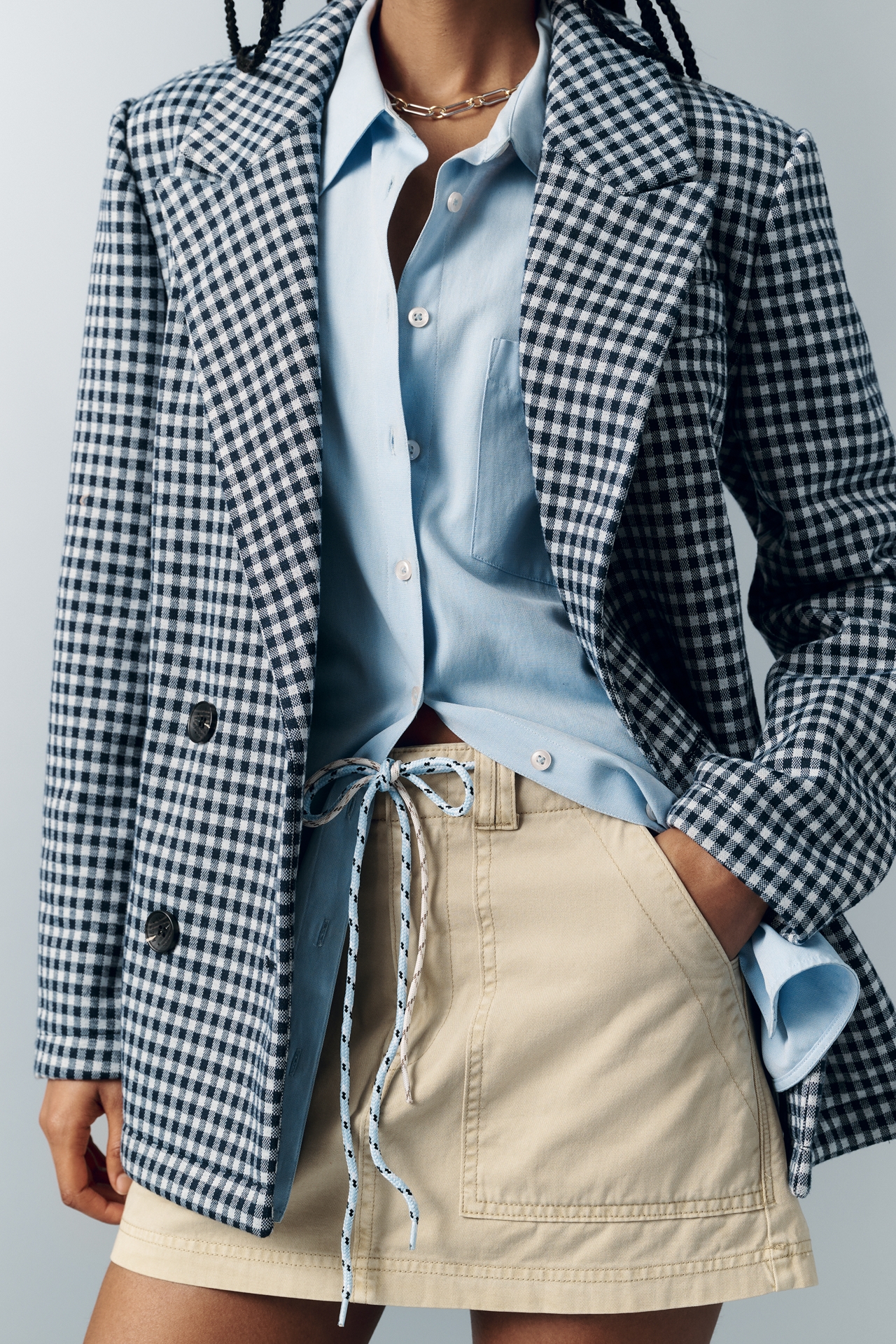 Avec Les Filles Double-Breasted Knit Plaid Blazer