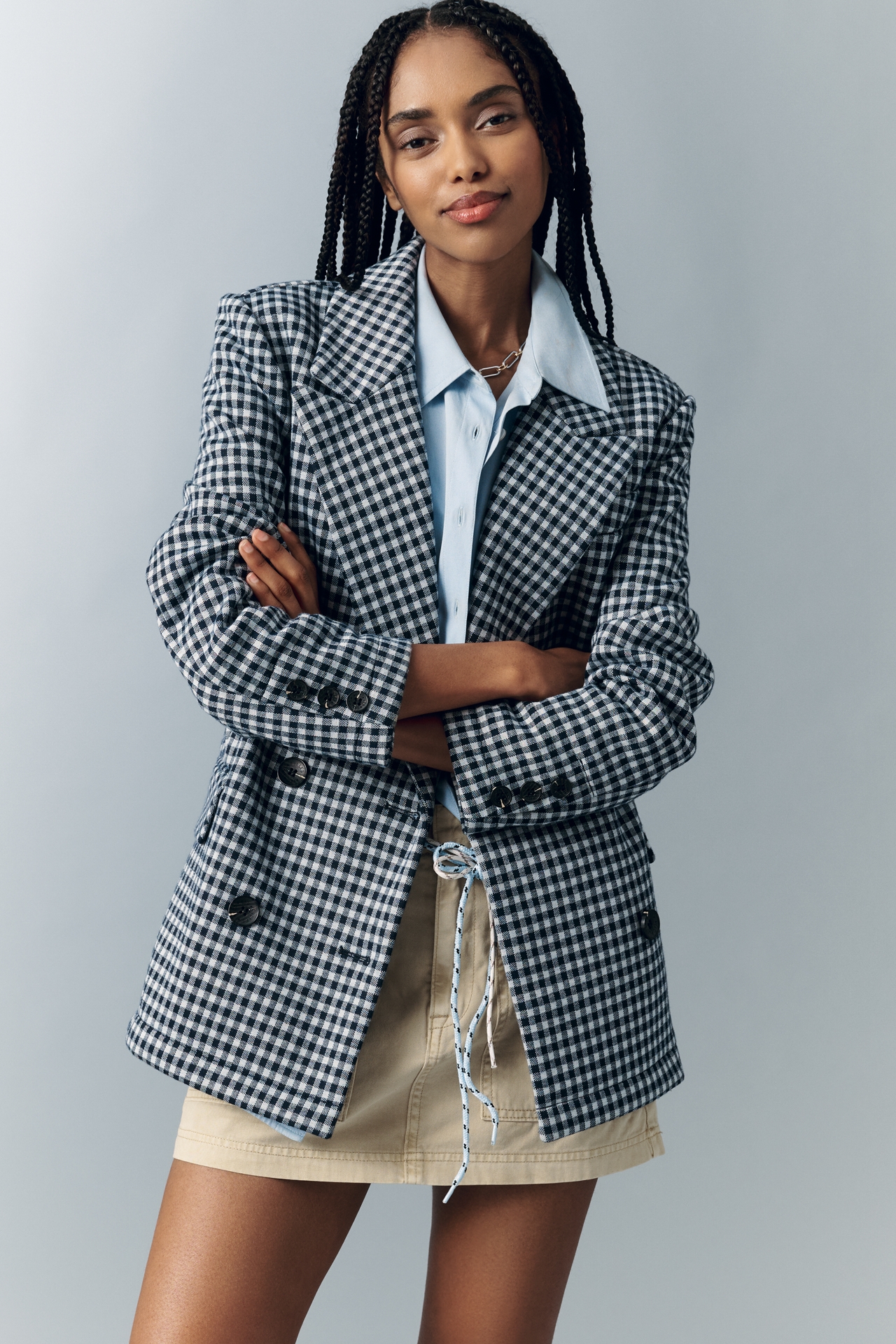 Avec Les Filles Double-Breasted Knit Plaid Blazer