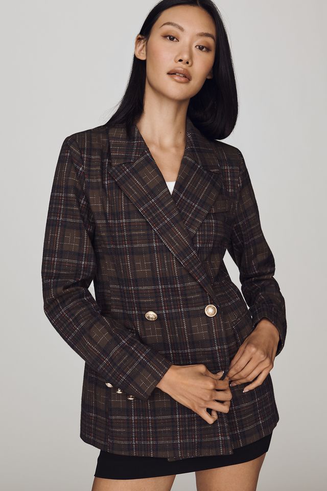 Avec Les Filles Double-Breasted Knit Plaid Blazer #4