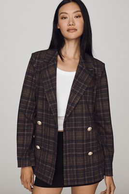 Avec Les Filles Double-Breasted Knit Plaid Blazer