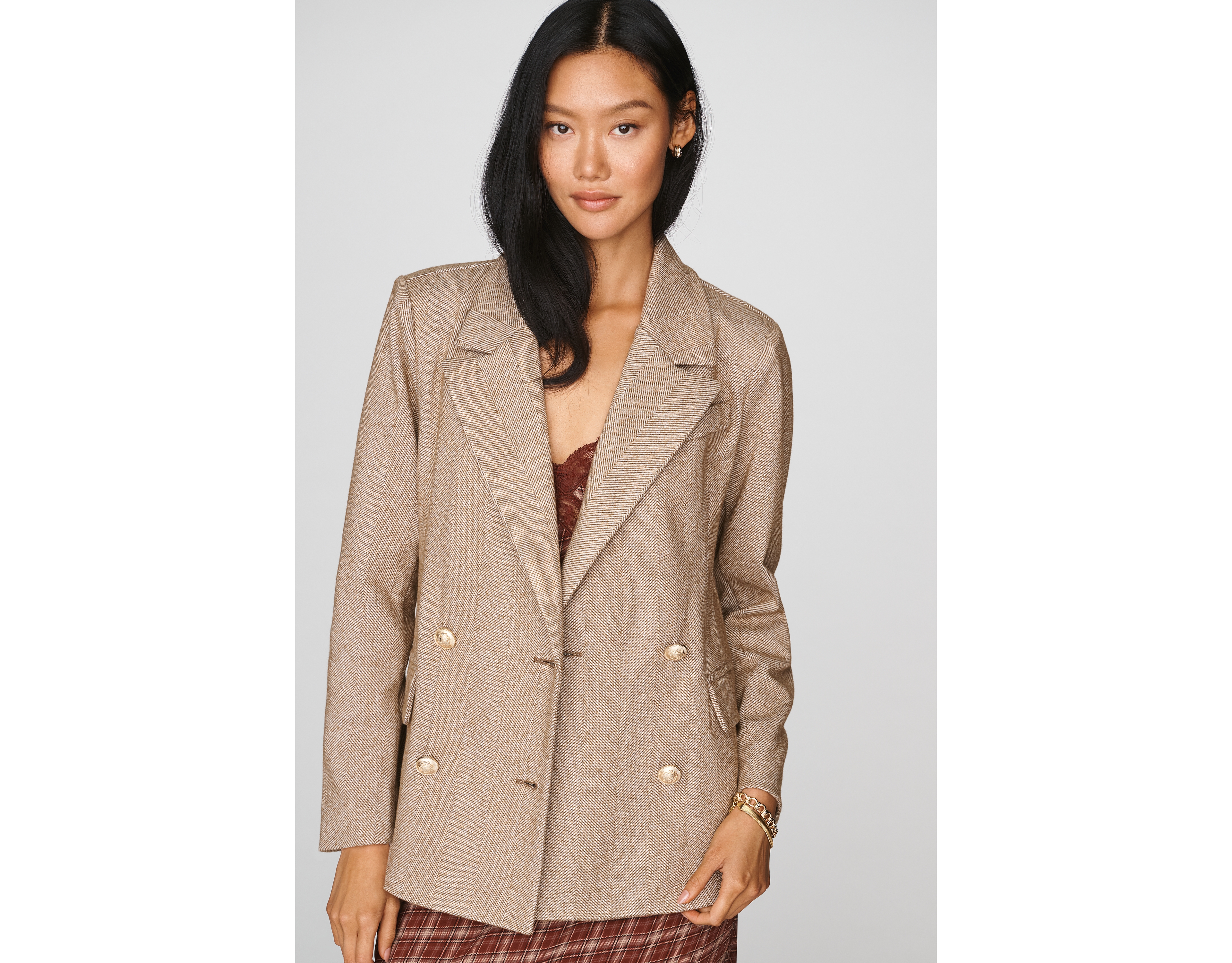 Avec Les Filles Double-Breasted Knit Plaid Blazer