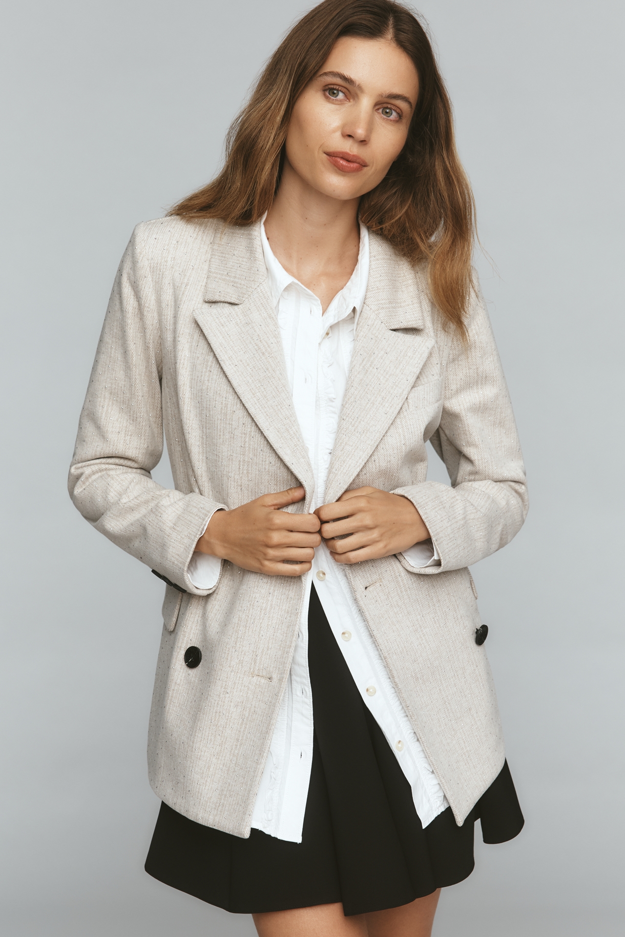 Avec Les Filles Rhinestone Stripe Double-Breasted Knit Blazer