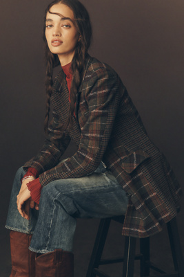 Avec Les Filles Plaid Mix Double-breasted Blazer Jacket In Black