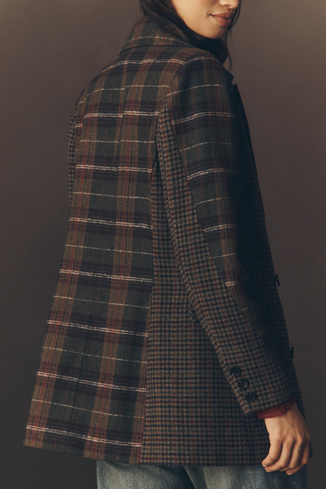 Avec Les Filles Plaid Mix Double-Breasted Blazer