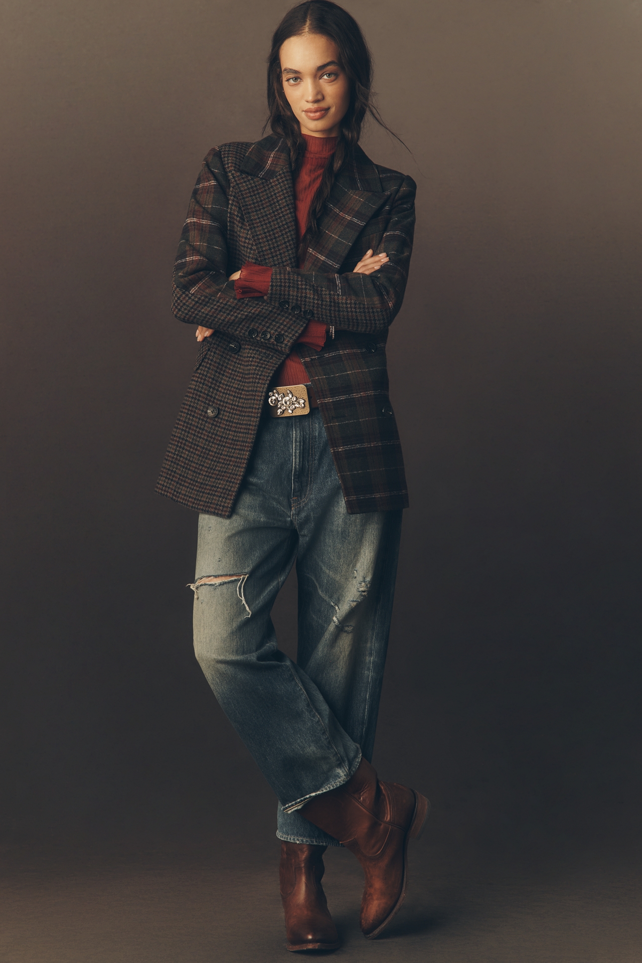 Avec Les Filles Plaid Mix Double-Breasted Blazer