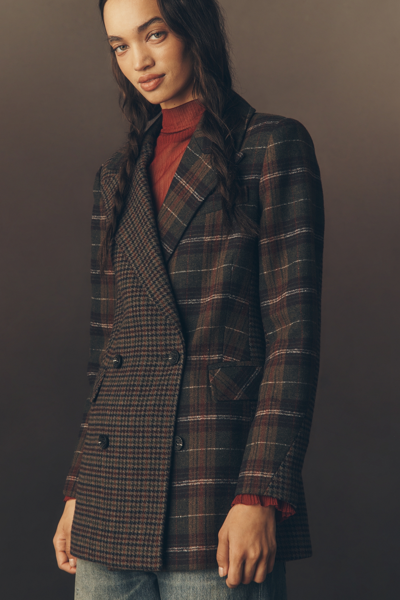 Avec Les Filles Plaid Mix Double-Breasted Blazer