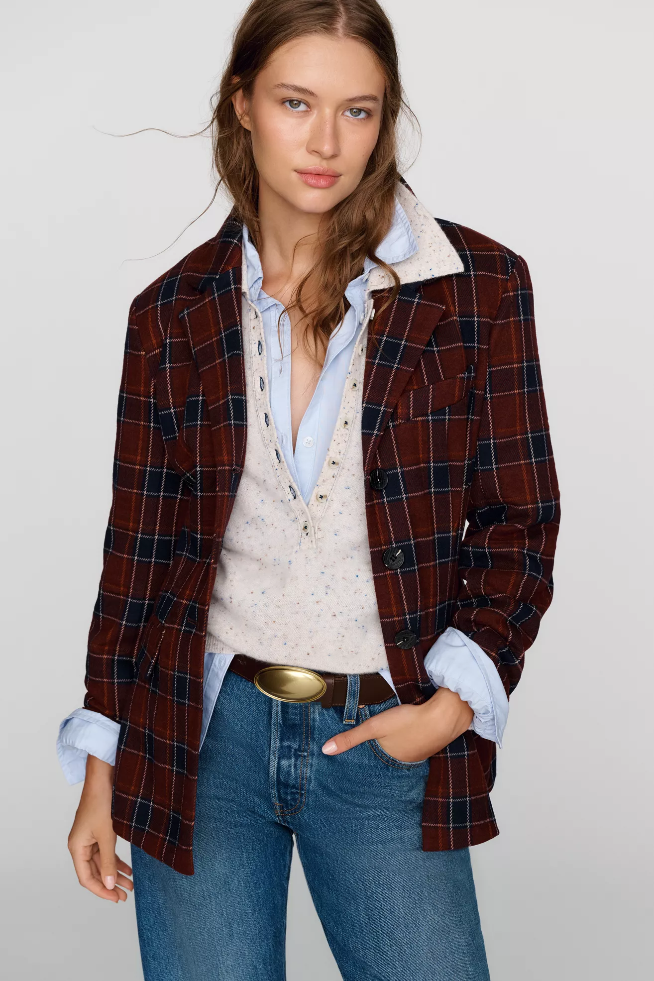 Avec Les Filles Plaid Waisted Blazer