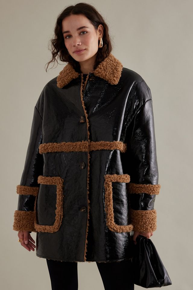 Patent Faux-Leather Fleece-Trim Borg Jacket #3
