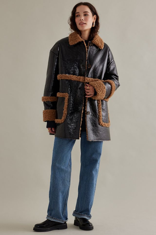Patent Faux-Leather Fleece-Trim Borg Jacket #4