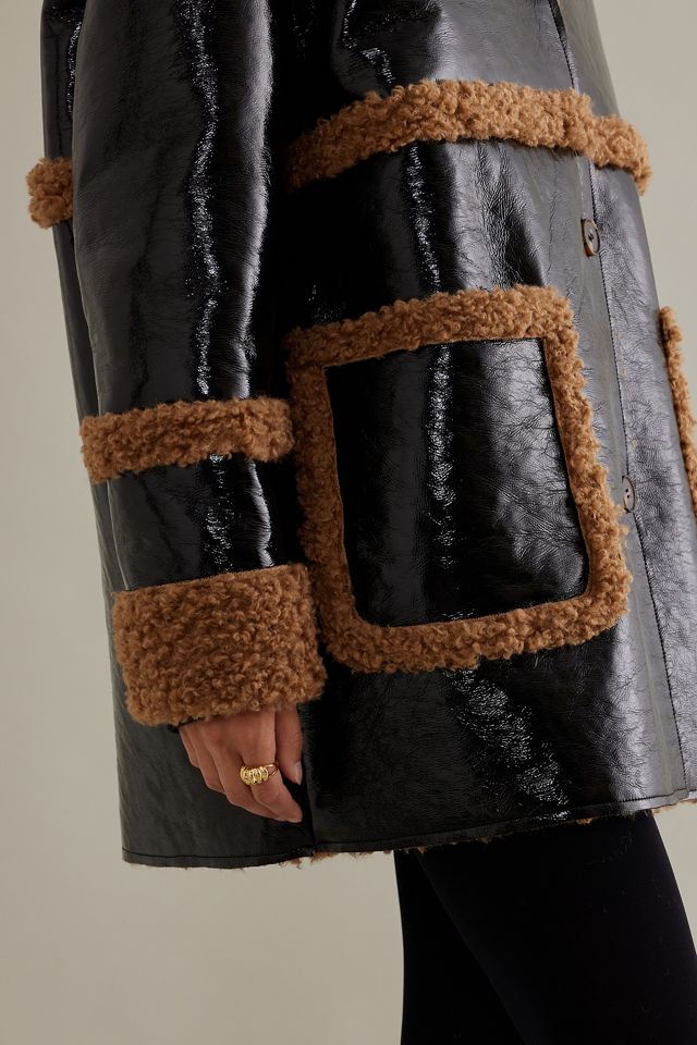 Patent Faux-Leather Fleece-Trim Borg Jacket #5