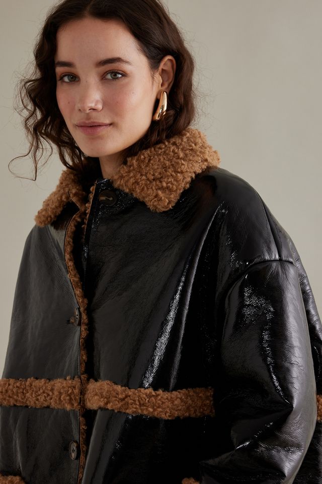 Patent Faux-Leather Fleece-Trim Borg Jacket #6