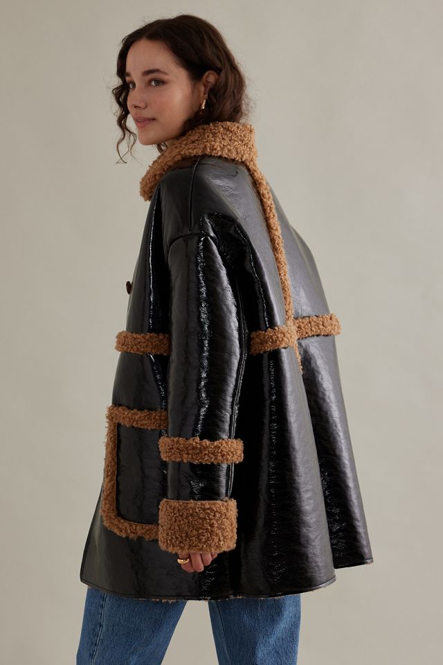 Patent Faux-Leather Fleece-Trim Borg Jacket #7