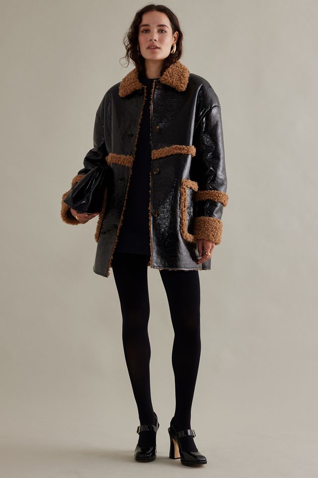 Patent Faux-Leather Fleece-Trim Borg Jacket #1
