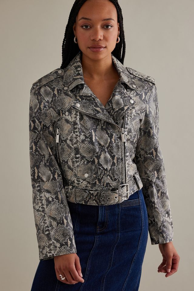 Selected Femme Idina Leather Snakeskin Cropped Biker Jacket