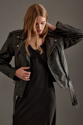 Selected Femme Nana Leather Biker Jacket In Black