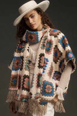 Hutch Rai Reversible Crochet Poncho Jacket In Multicolor