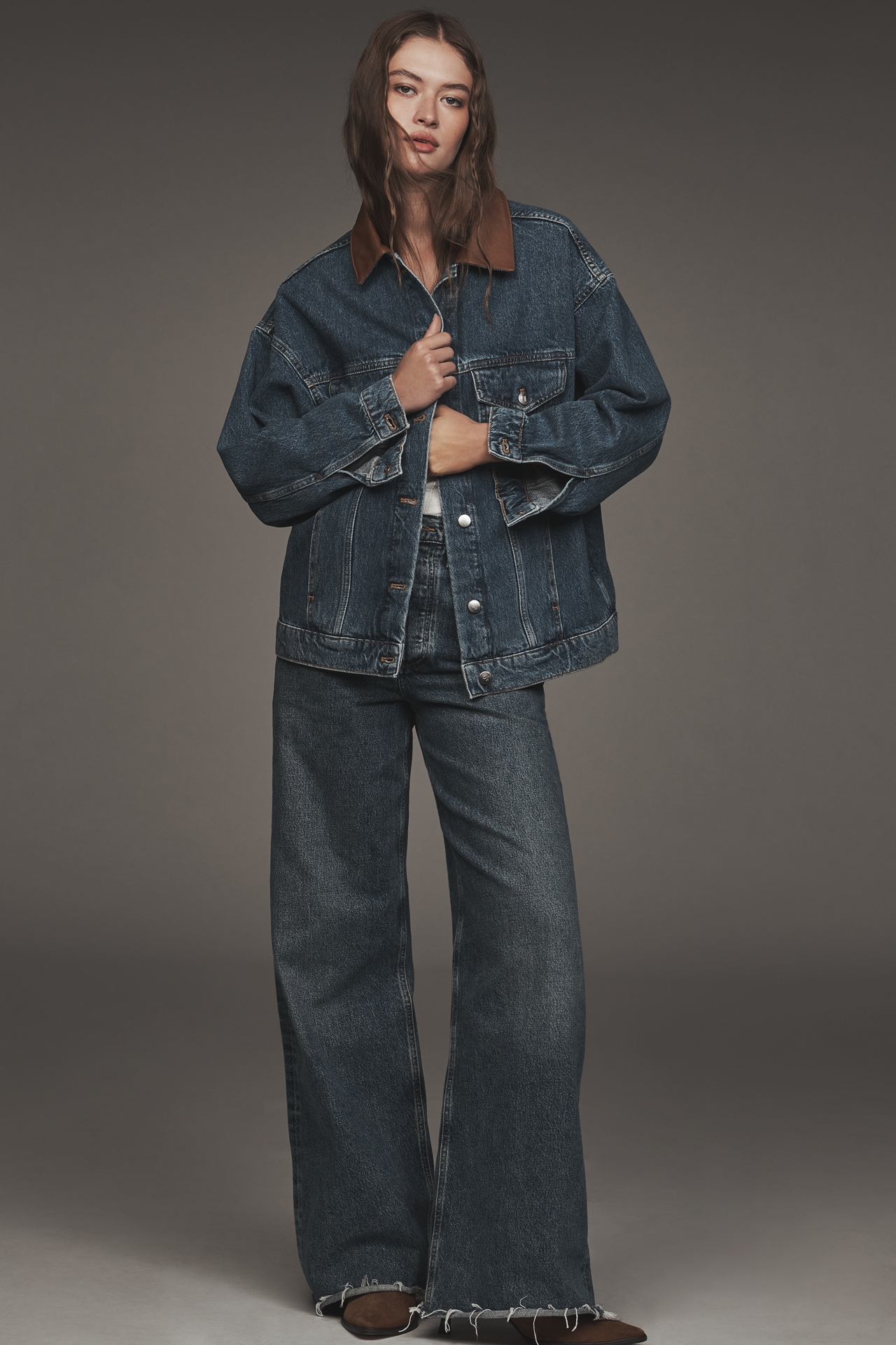 The Weston Leather-Collar Denim Boyfriend Jacket by Pilcro