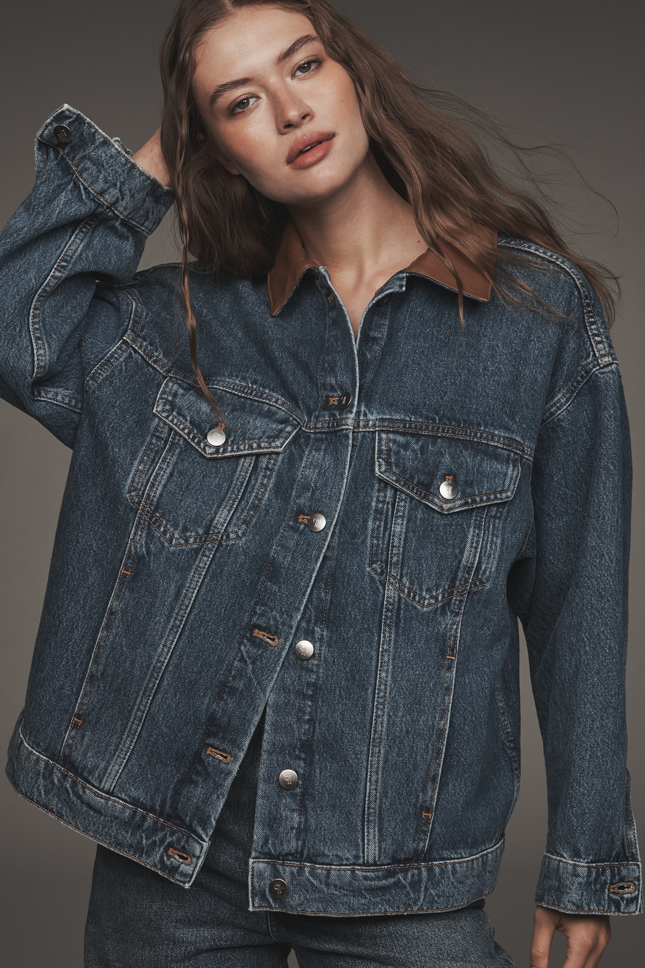 The Weston Leather-Collar Denim Boyfriend Jacket by Pilcro