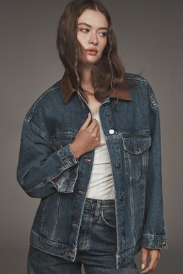 The Weston Leather-Collar Denim Boyfriend Jacket by Pilcro