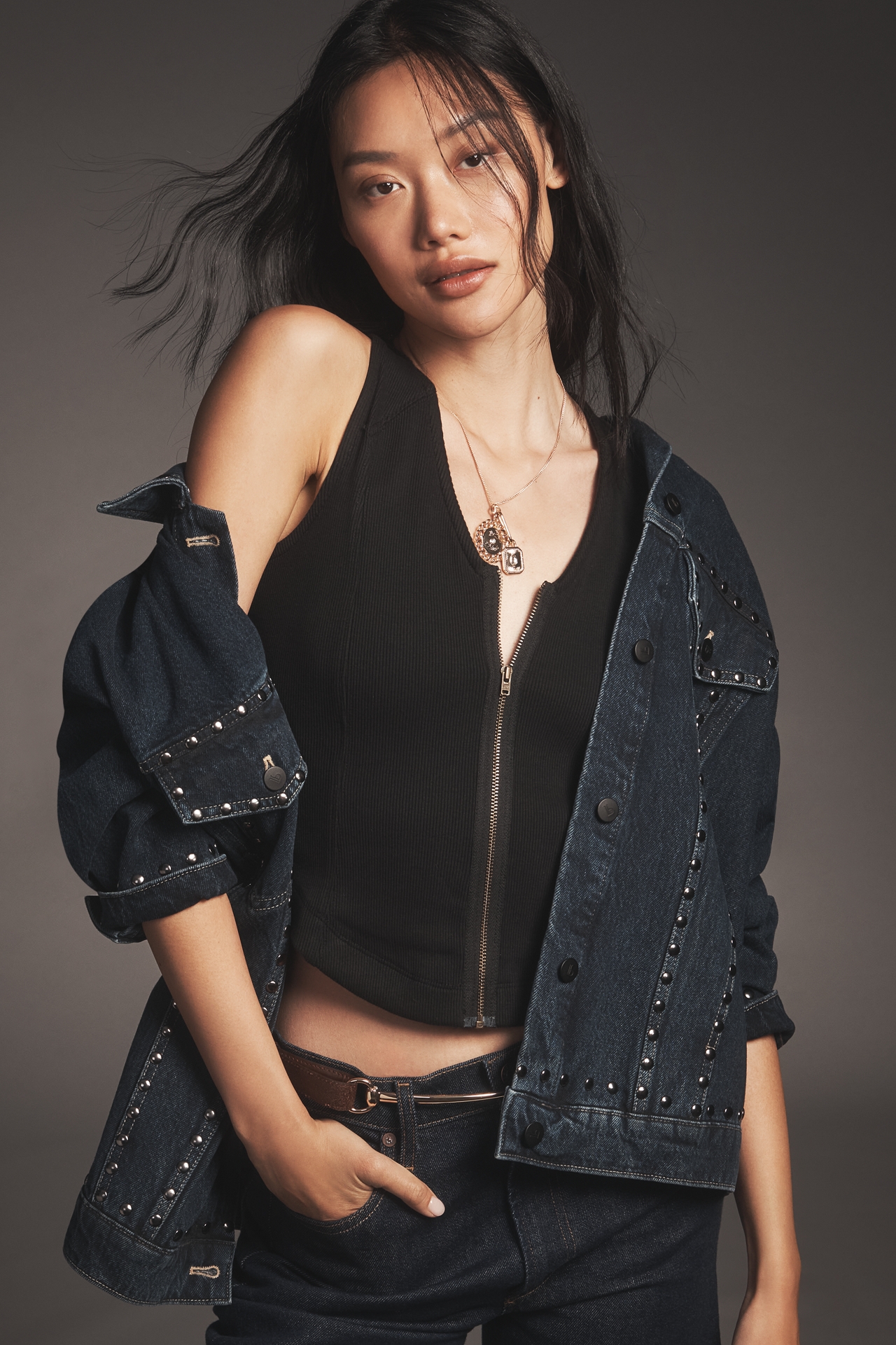 The Weston Denim Boyfriend Jacket by Pilcro: Studded Edition