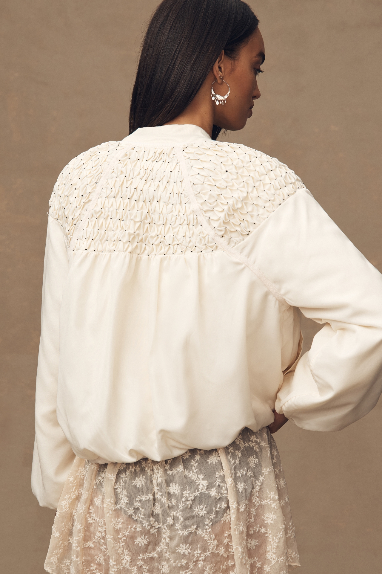 By Anthropologie Smocked Bomber Jacket