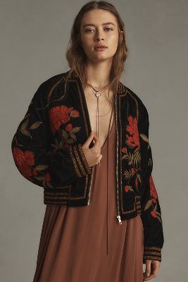 By Anthropologie Velvet Embroidered Bomber Jacket In Black