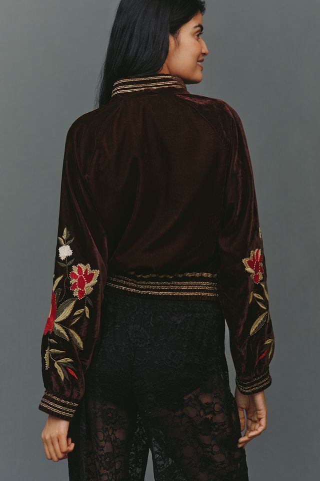 By Anthropologie Velvet Embroidered Bomber Jacket #1