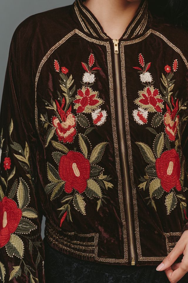 By Anthropologie Velvet Embroidered Bomber Jacket #2