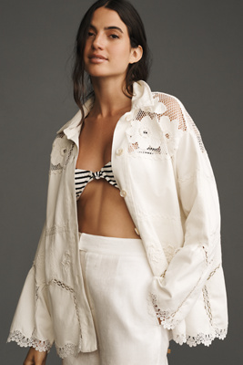 By Anthropologie Crochet Scallop-hem Shirt Jacket