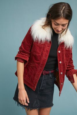 red corduroy jacket with fur collar