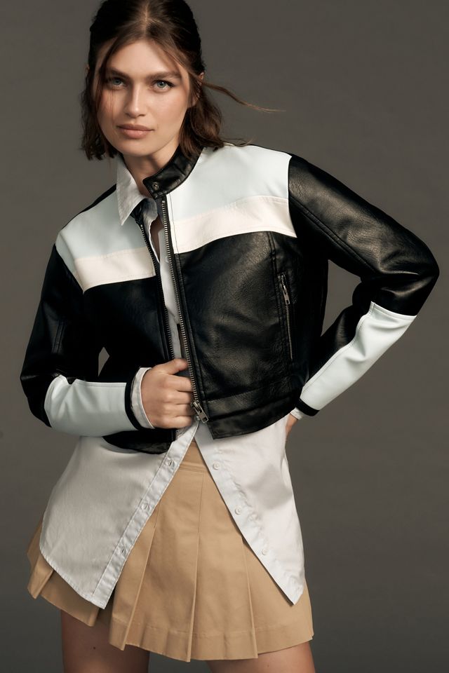 Maeve Cropped Colourblock Faux Leather Biker Jacket