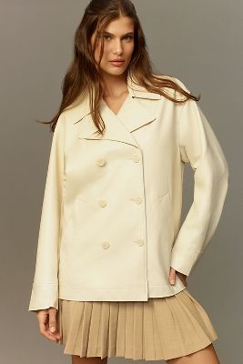 Shop Maeve Faux-leather Cocoon Blazer Jacket In White