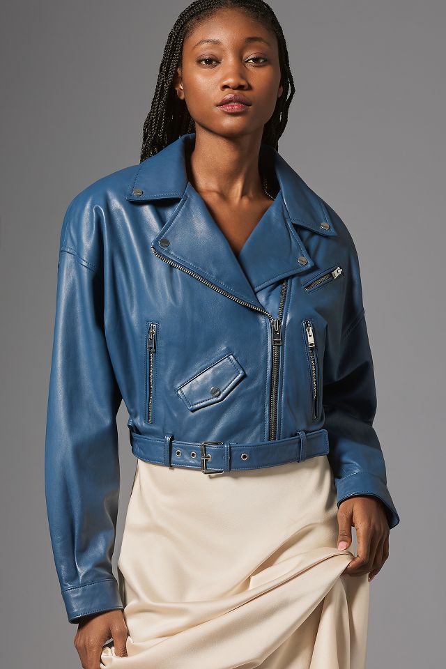 Blue leather moto on sale jacket