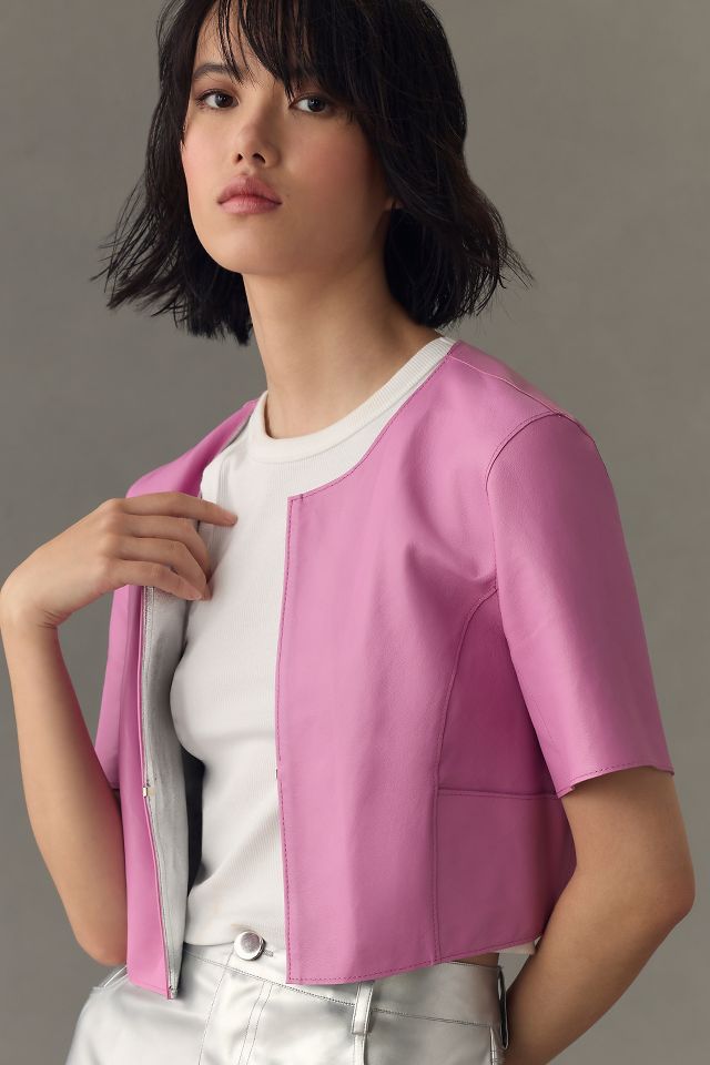 Pink Leather Short Sleeves Cropped Jacket - Maker of Jacket