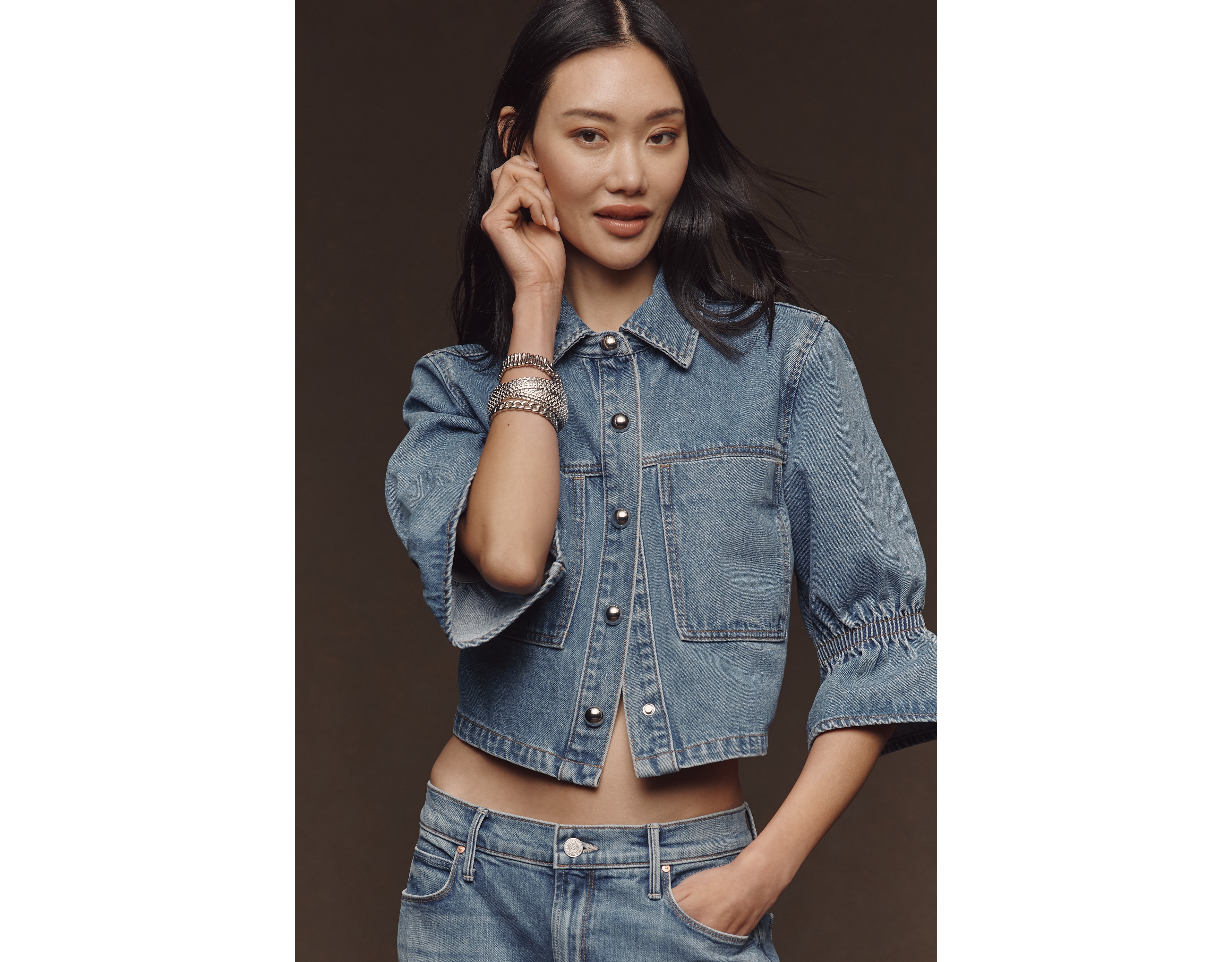 Lamarque Carolina Short-Sleeve Cropped Denim Jacket