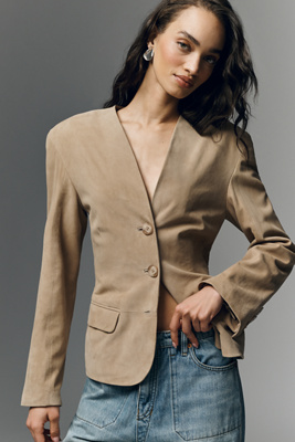Abitha Collarless Suede Blazer Jacket