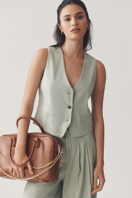 MAEVE LINEN V-NECK BUTTON-FRONT VEST JACKET 