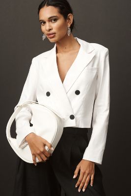 Shop Maeve Linen Cropped Blazer Jacket In White