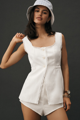 By Anthropologie Longline Lace-trim Linen Blend Vest