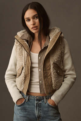 Pilcro Hooded Sherpa Fleece Sweater Jacket In Ivory