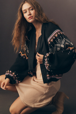 By Anthropologie Fairisle Sweater Mix Bomber Jacket In Black