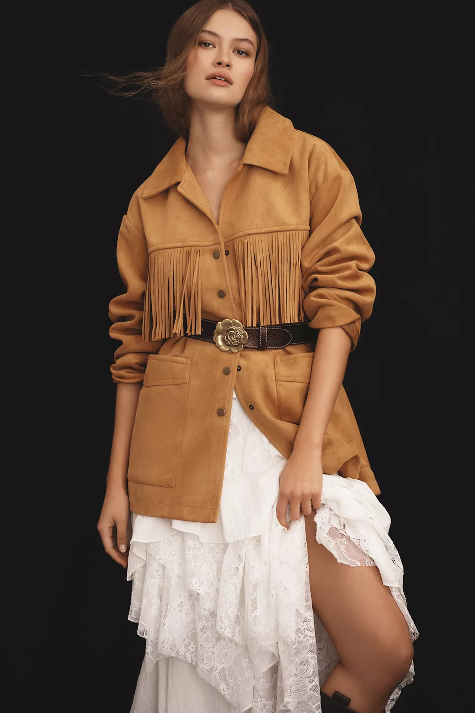 Pilcro Faux-Suede Fringe Jacket