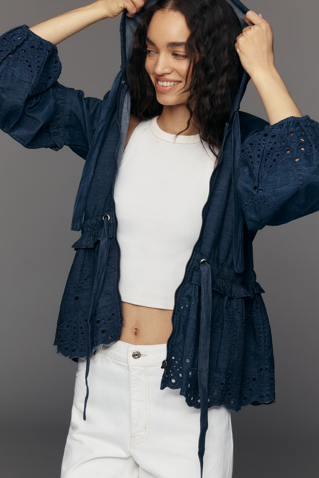 Maeve Embroidered Hooded Denim Jacket